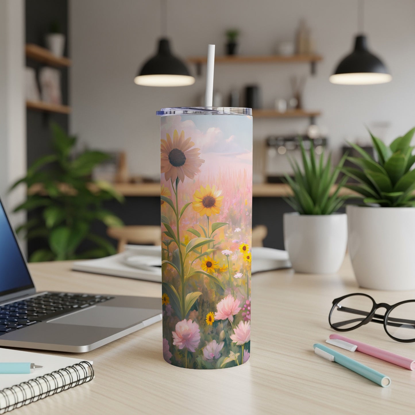 Tumbler with sunflowers and wildflowers in a whimsical landscape.