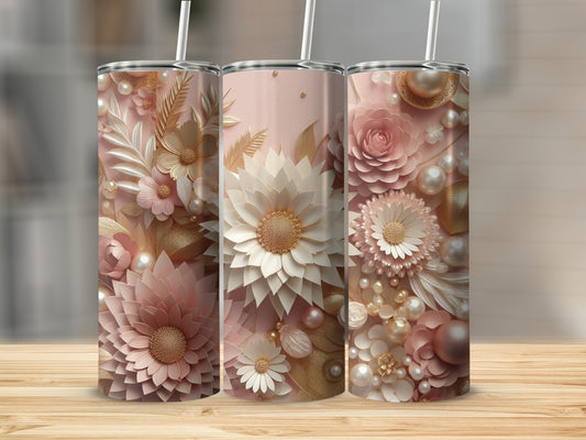 Three rose gold tumblers with floral and pearl embellishments.