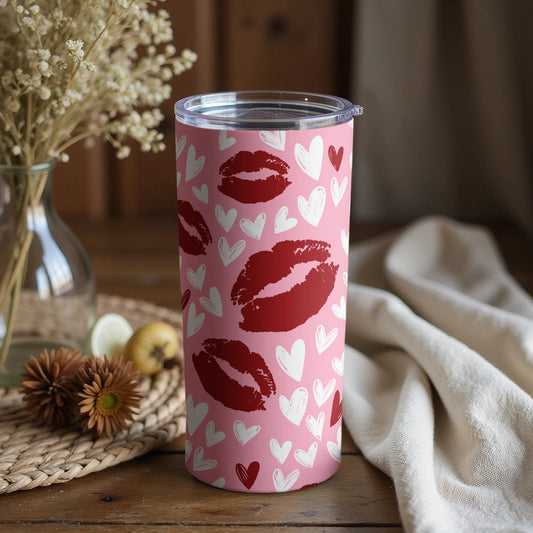 Pink Kiss and Heart Pattern Insulated Travel Tumbler