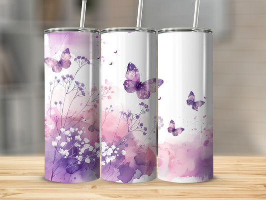 Three tumblers with purple watercolor butterflies and floral designs.