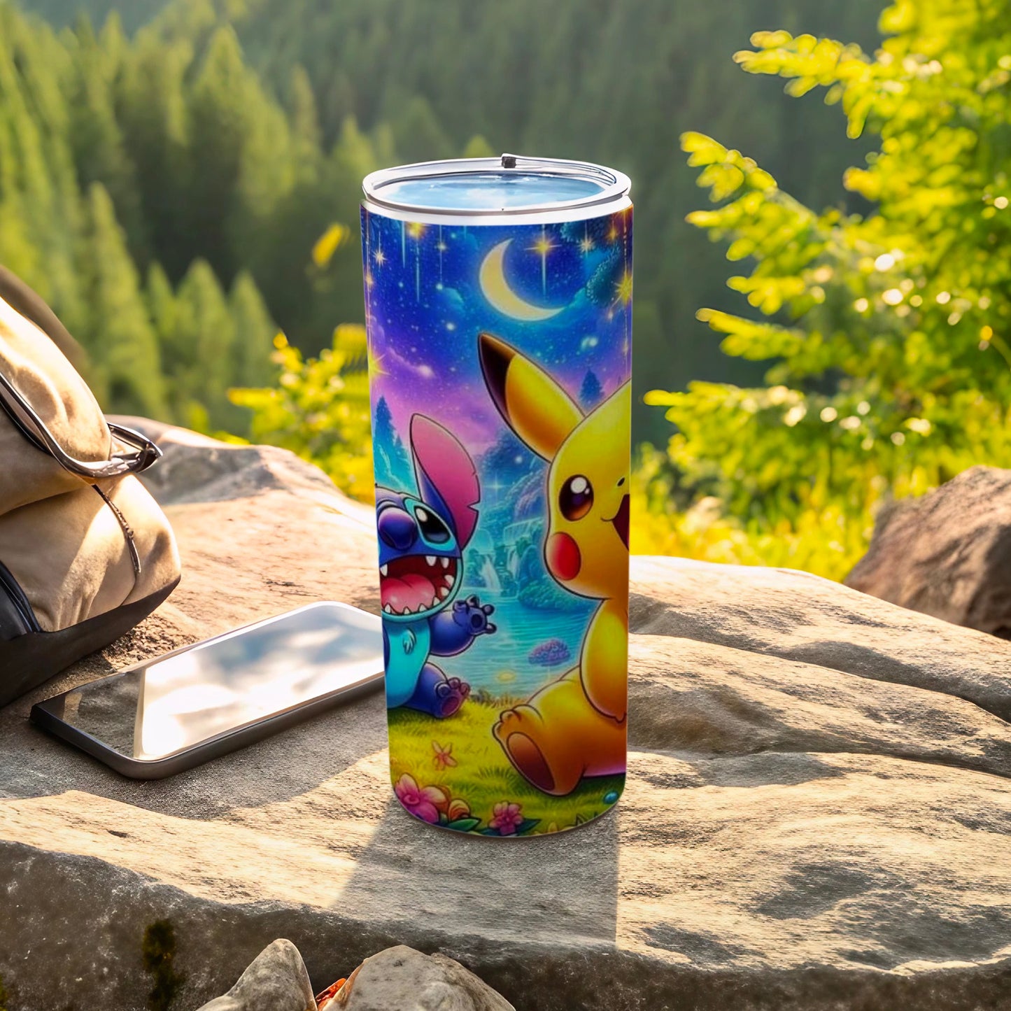 Cute Pikachu and Stitch Mountain Scene Tumbler