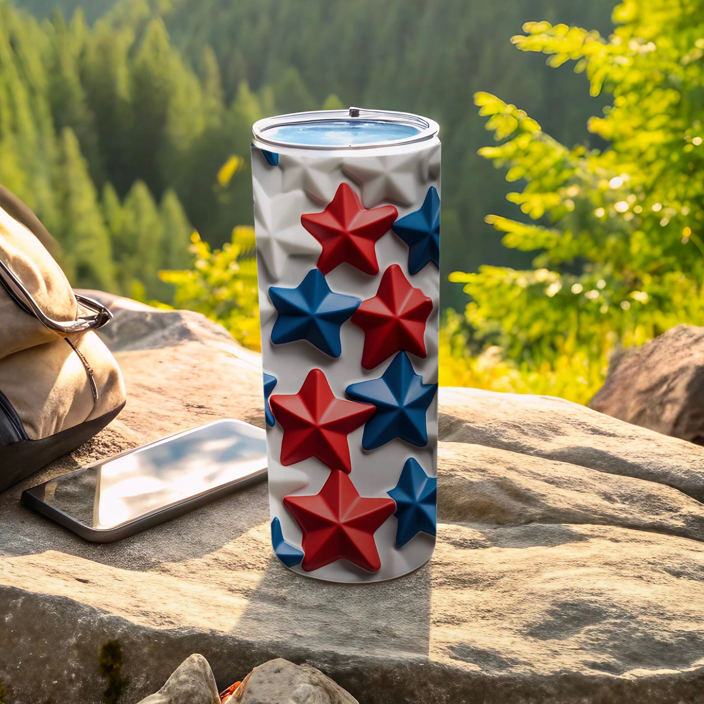 Red and blue stars embossed on a white tumbler.