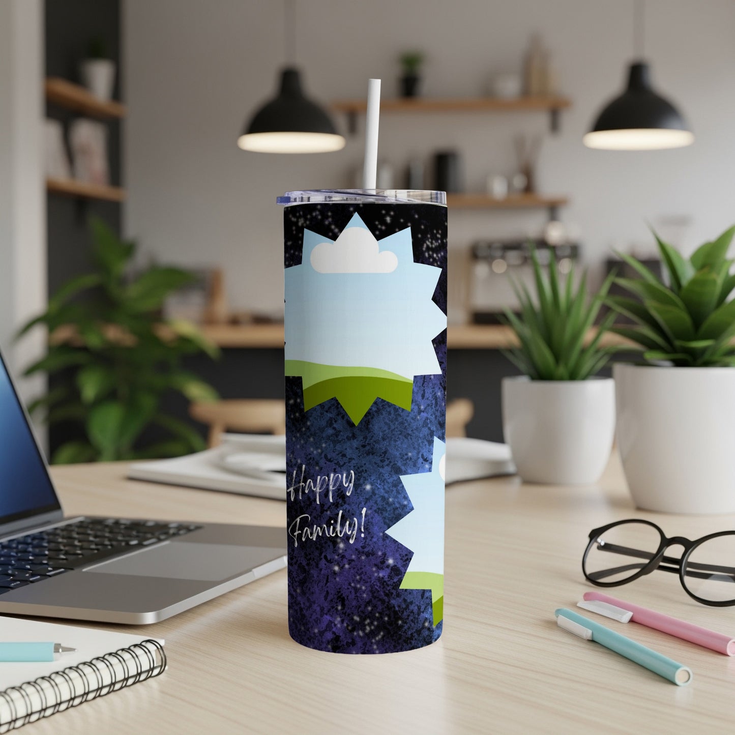 Tumbler with a dark starry background and "Happy Family!" text.