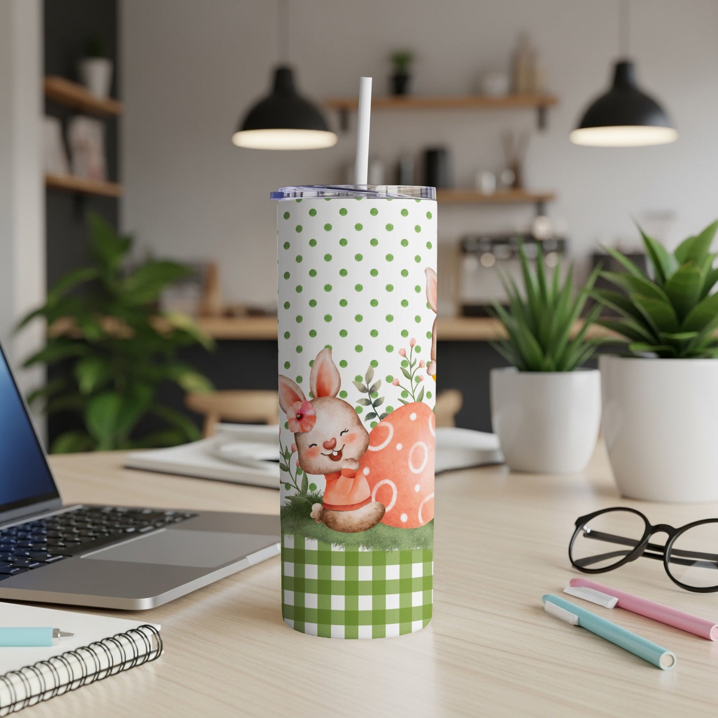 Easter bunny tumbler with green gingham and polka dots.