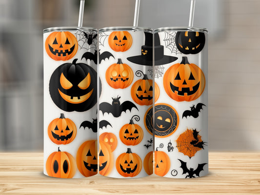 Three tumblers with Halloween graphics including pumpkins, bats, spiderwebs, and a witch hat.