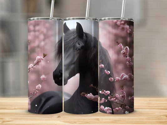 Black horse and pink blossoms on a tumbler.