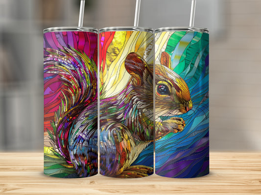Stained glass squirrel artwork on three tumblers.