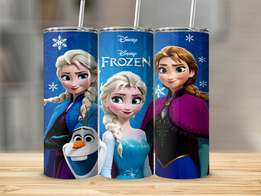Disney Frozen characters Elsa, Anna, and Olaf on blue tumblers with snowflakes.