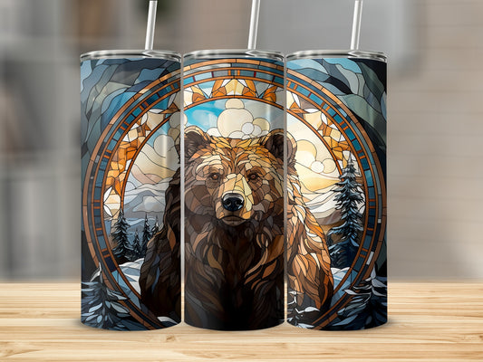 Three tumblers featuring a stained-glass bear in a forest scene.