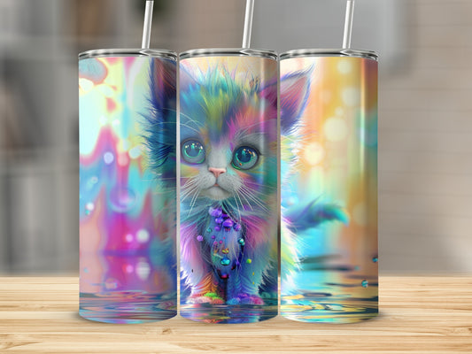 Kawaii fluffy kitten with rainbow fur and colorful beads on colorful background.