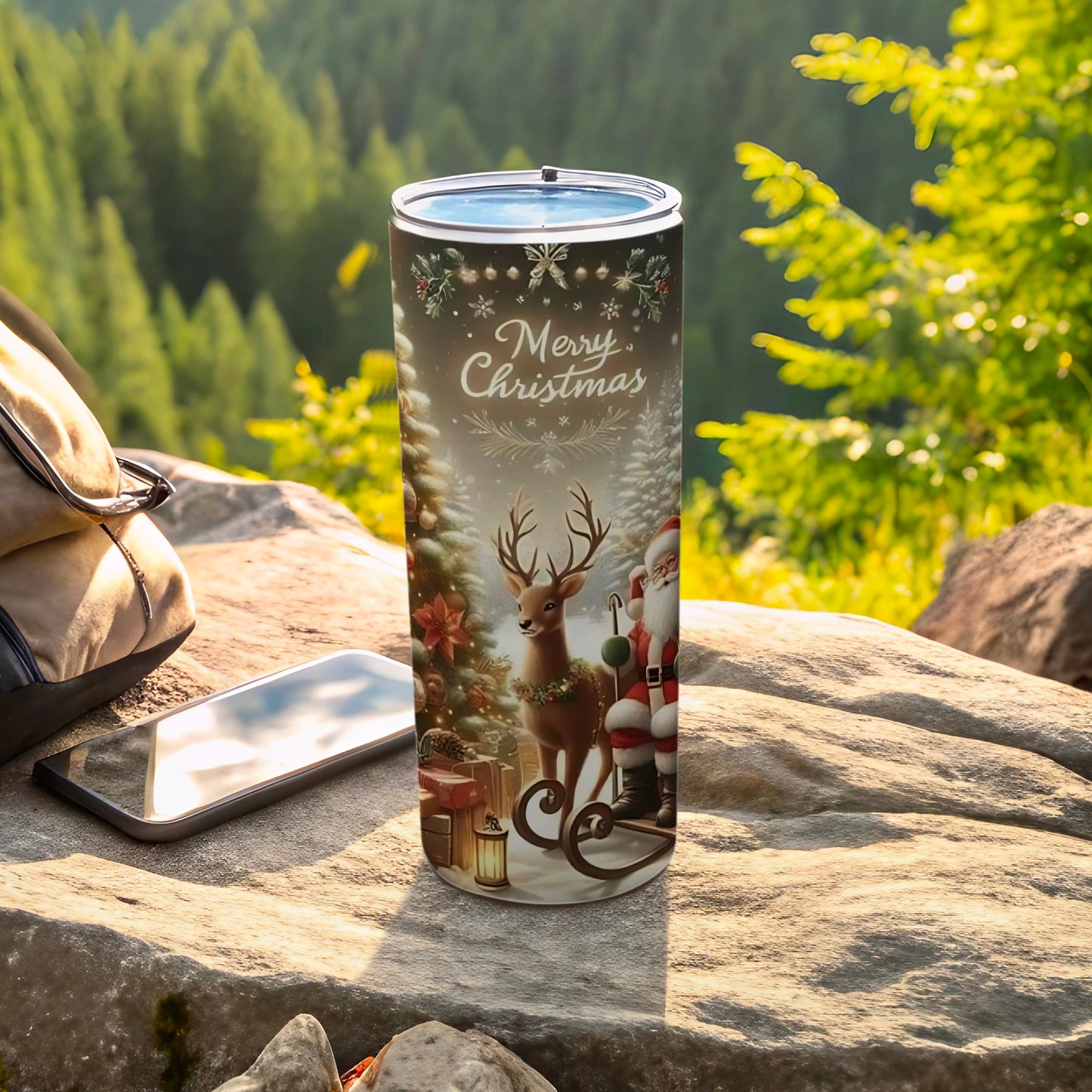 Merry Christmas Santa and Reindeer Travel Tumbler
