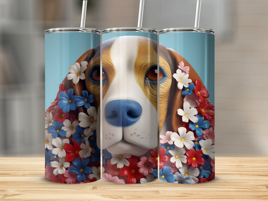 Beagle dog face surrounded by red, white, and blue flowers on a tumbler.