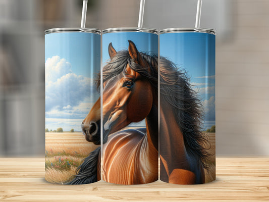Brown horse portrait with flowing mane, on a wheat field background.
