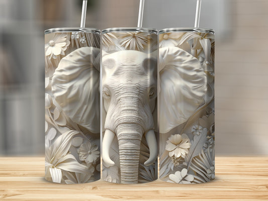 Three textured tumblers featuring a close-up of an elephant's face among floral designs.