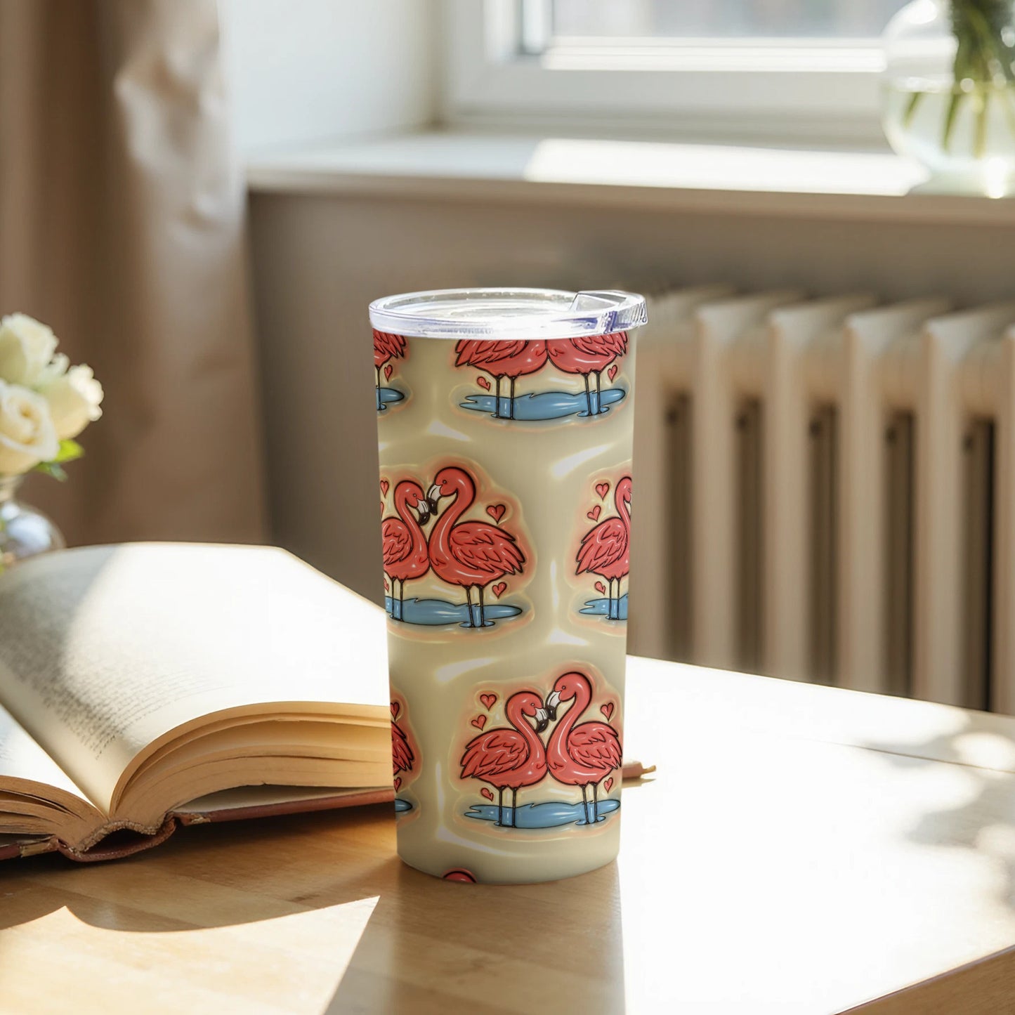 Flamingo Hearts Pattern Tumbler Flask Perfect Gift Item