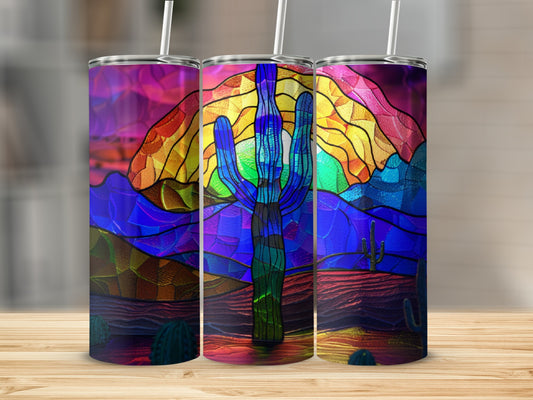 Stained glass sunset with saguaro cactus and desert landscape.