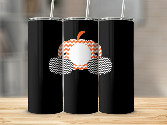 Three black tumblers with chevron pumpkin and tire graphics.