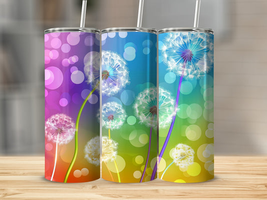 Three tumblers with dandelion designs and colorful bokeh backgrounds.