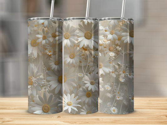 Three tall tumblers with a cream background and white daisy floral pattern.