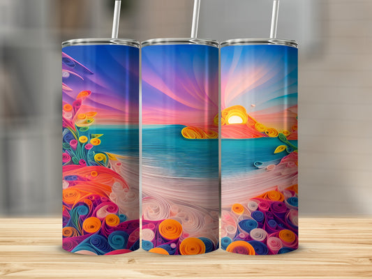 Three tumblers with a vibrant seascape and floral design.