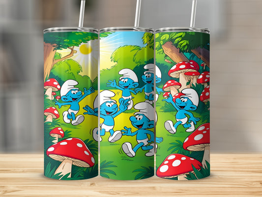 Smurfs dancing and running through a forest with mushrooms.