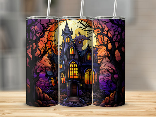 Halloween castle and bare trees with full moon, on three tumblers.