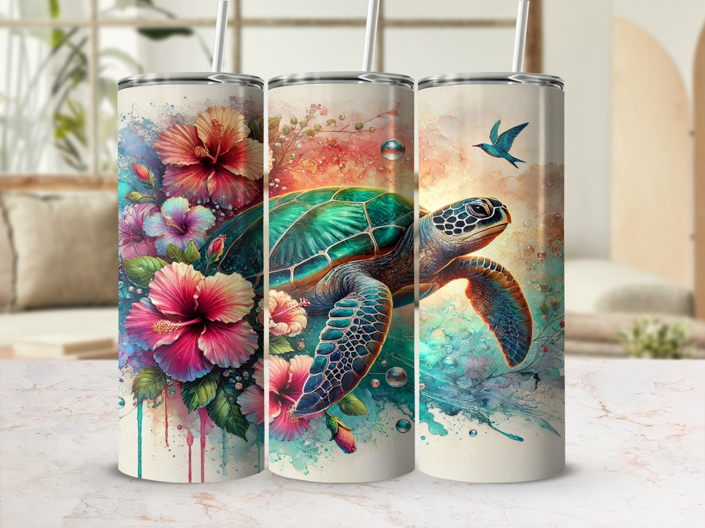 Colorful Floral Sea Turtle Design Stainless Steel Tumbler