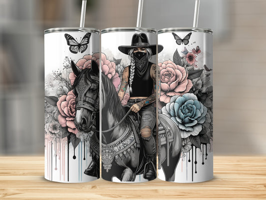 Cowgirl on horseback with butterflies and flowers.