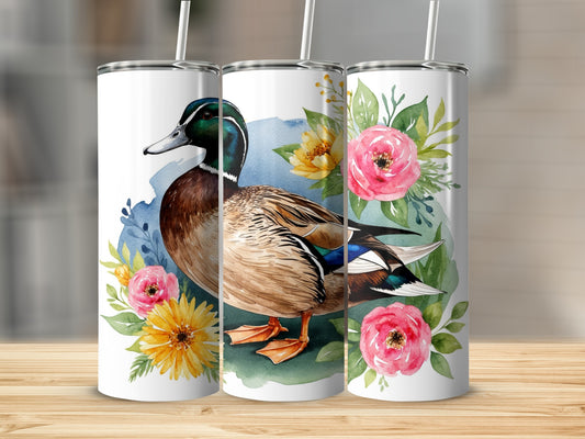 Three tumblers featuring a watercolor mallard duck and floral designs.