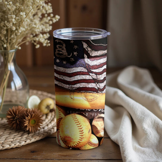 Vintage American Flag and Baseball Tumbler Design