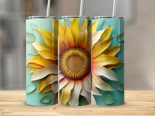 Three tumblers featuring a large sunflower design on a teal background.