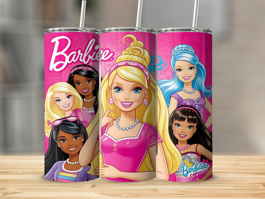 Pink tumbler with Barbie cartoon characters and branding.