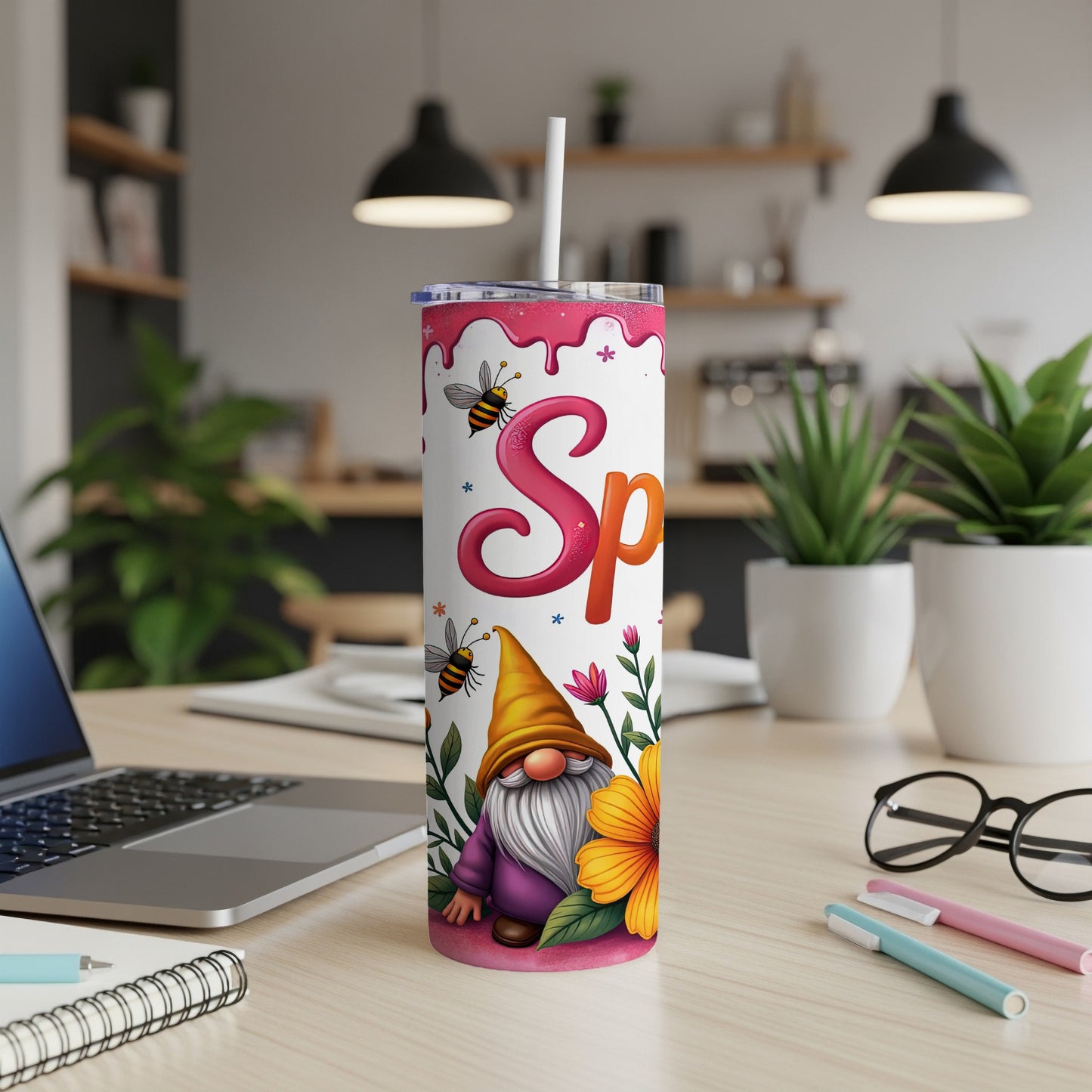 Spring gnome with bees and flowers on a white tumbler cup.