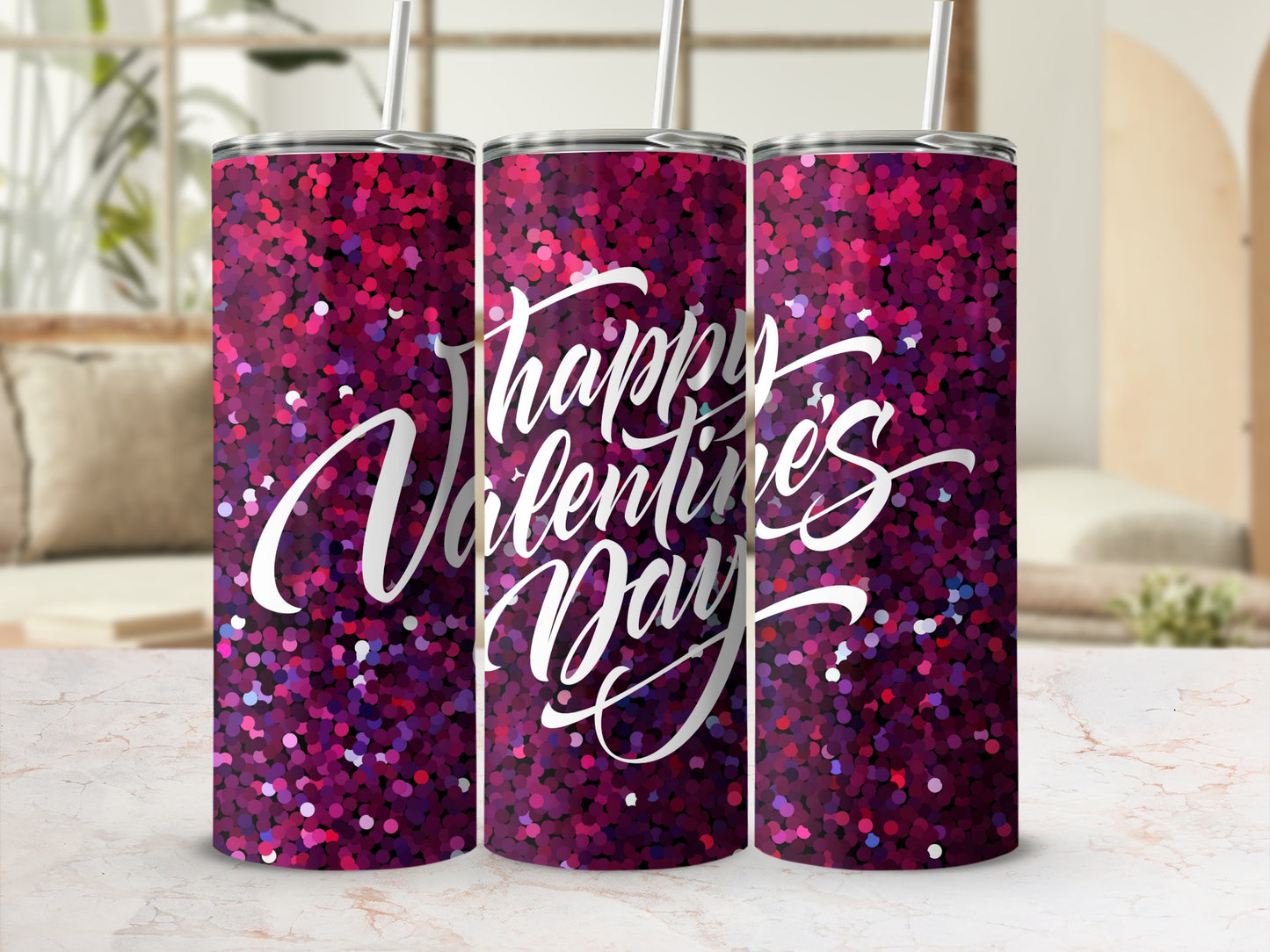 Happy Valentine's Day Pink Glitter Tumblers