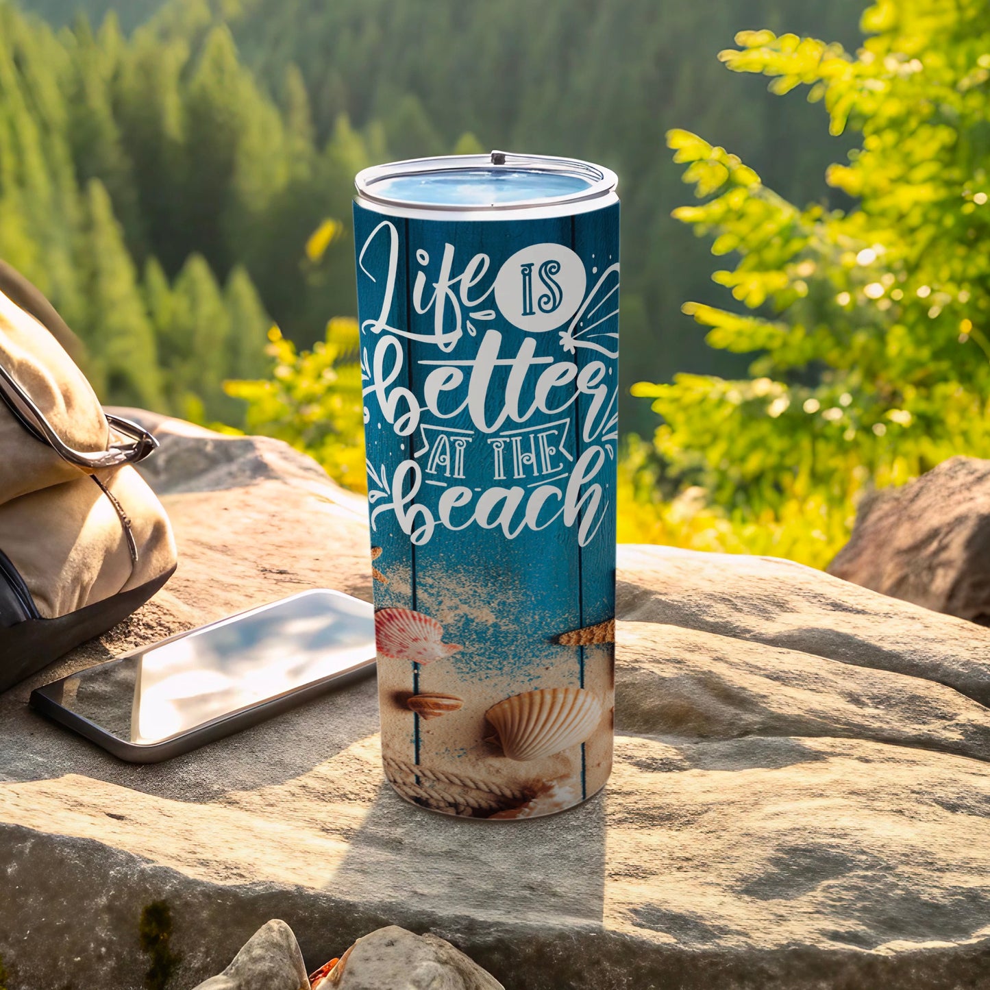 Life is better at the beach tumbler with seashells and woodgrain background.