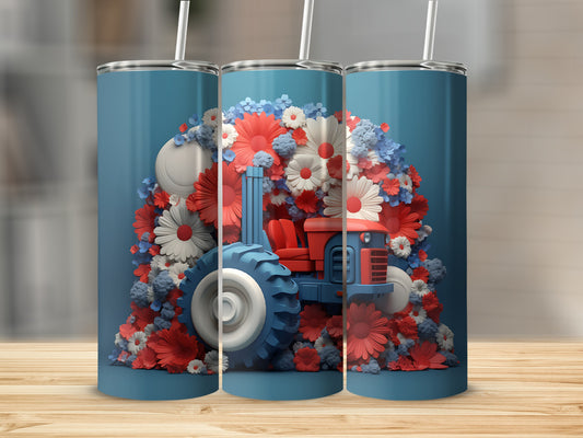 Tractor surrounded by red and white flowers and white spheres.