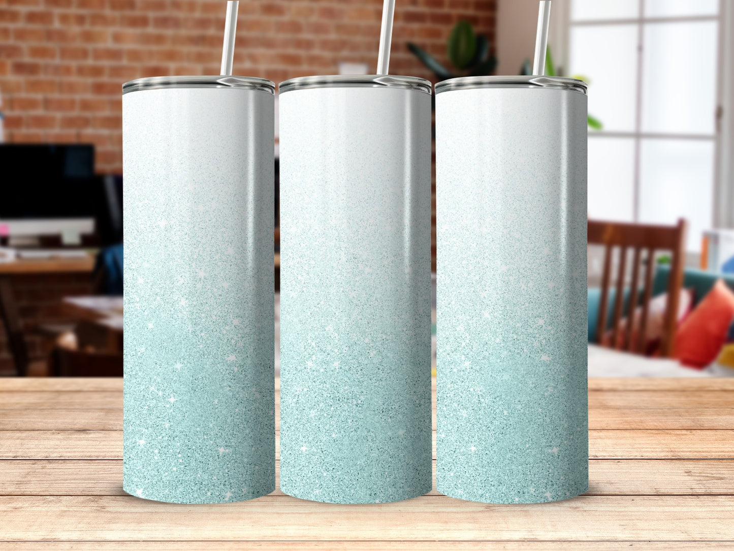 Sparkling Light Blue Gradient Tumbler with Straws