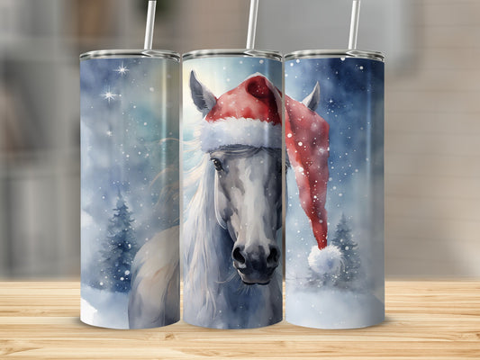 White horse wearing Santa hat in snowy forest watercolor tumbler.