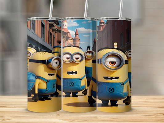 Minions in blue overalls with straws on tumblers against a city backdrop.