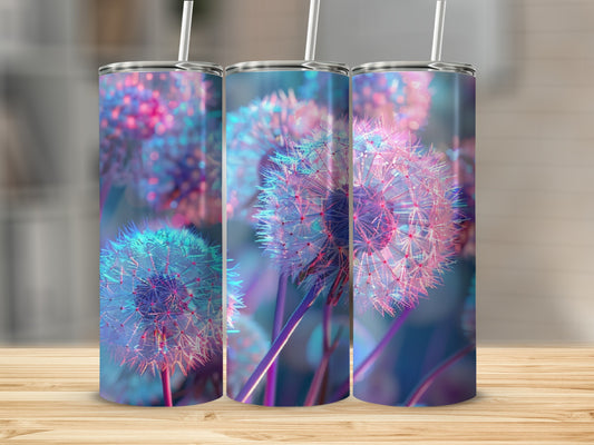 Three tumblers with a blurred bokeh background of dandelions.