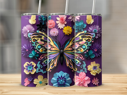 Purple tumbler with colorful butterfly and flower designs.