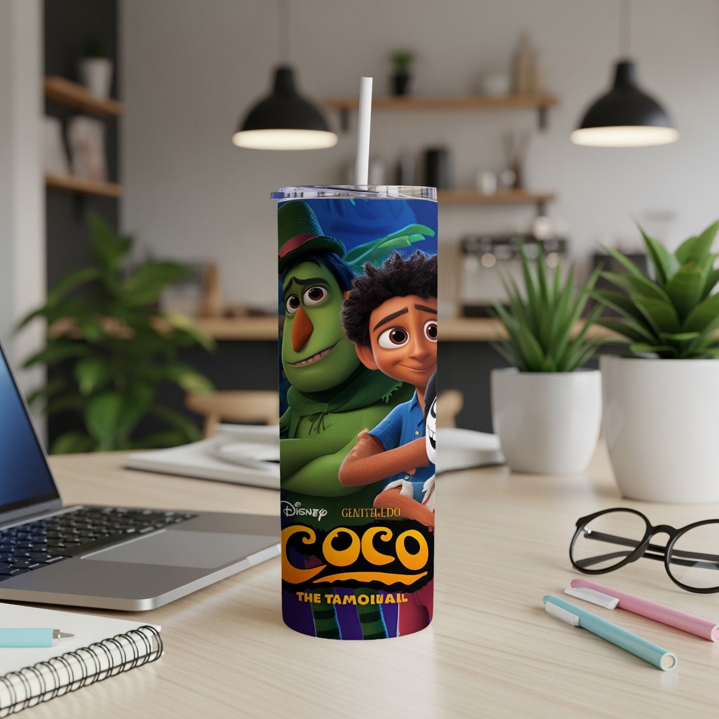 Coco movie characters Migo and Hector on a tumbler with a straw.