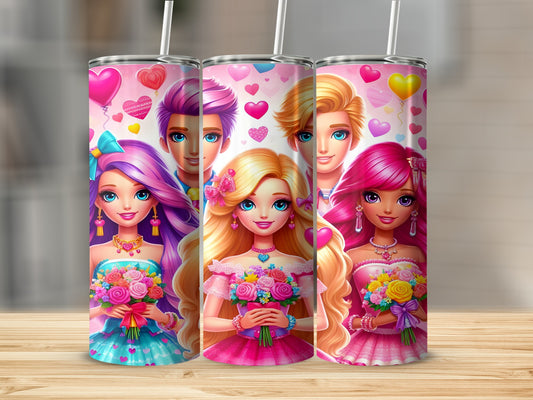 Three cartoon dolls in pink dresses holding bouquets of flowers.