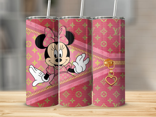 Minnie Mouse on a pink tumbler with gold zipper and heart charm.