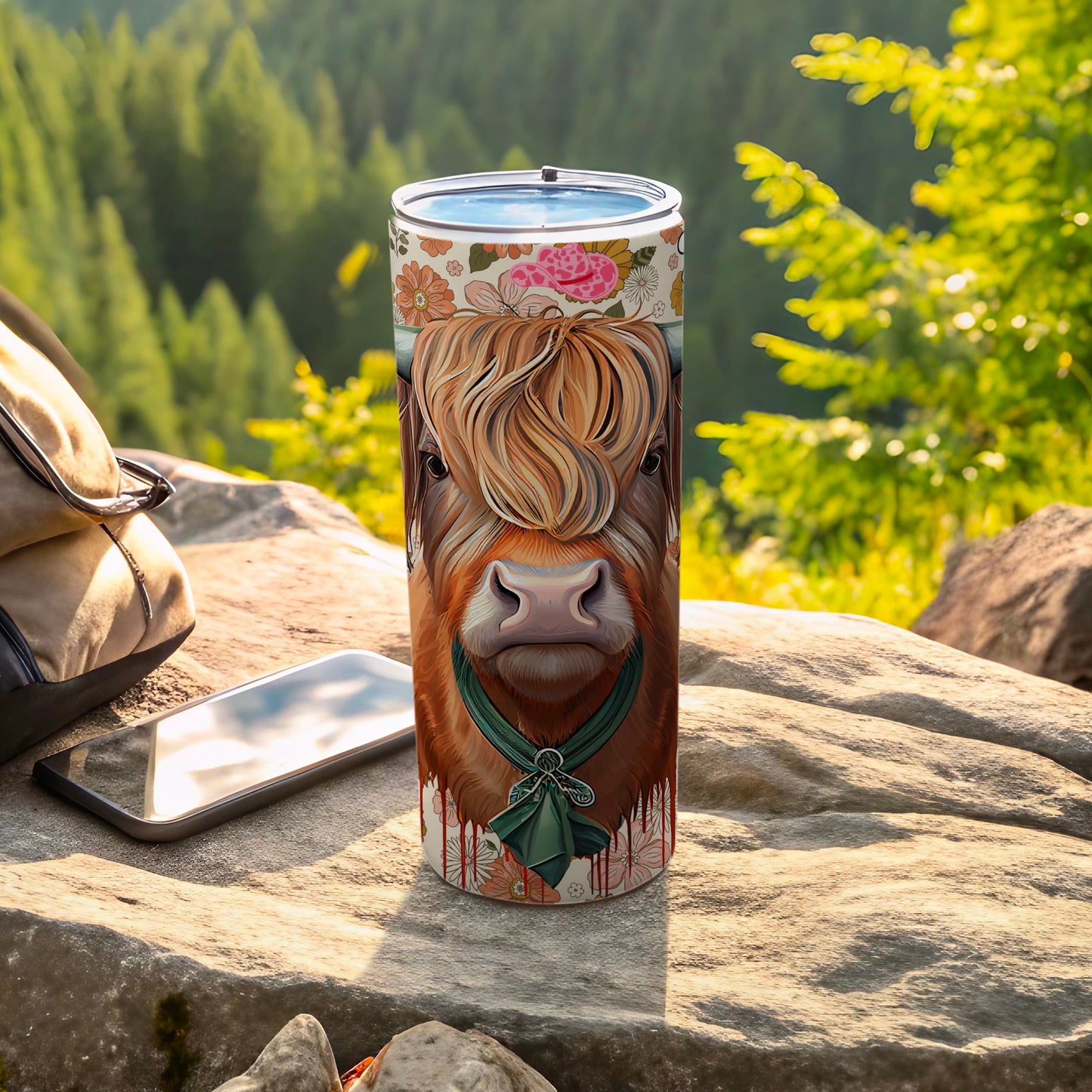 Highland Cow Floral Tumbler with Colorful Detailing