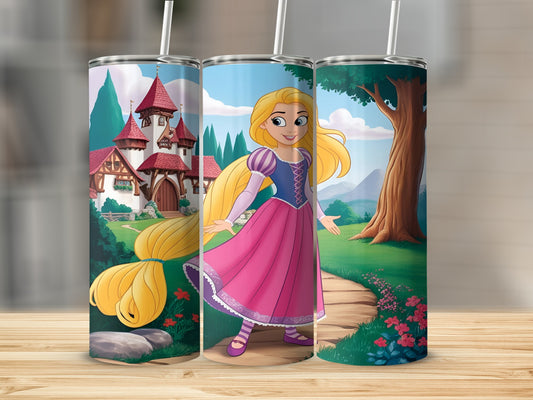 Princess Rapunzel with long blonde hair in a pink dress in front of a castle.