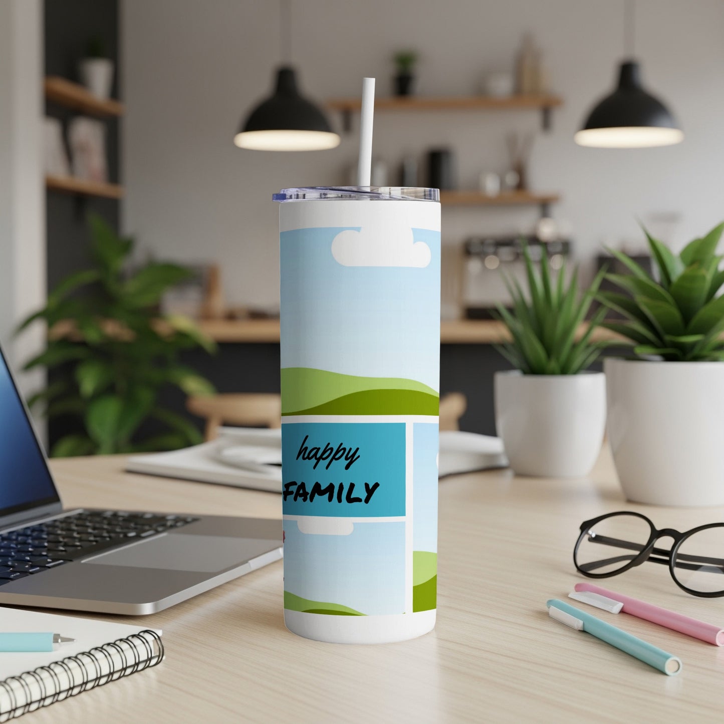 White tumbler with "happy FAMILY" text and a sky and landscape design.