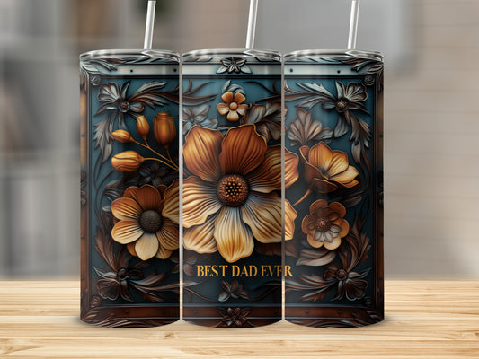 Triptych of metallic tumblers with floral designs and "BEST DAD EVER" text.