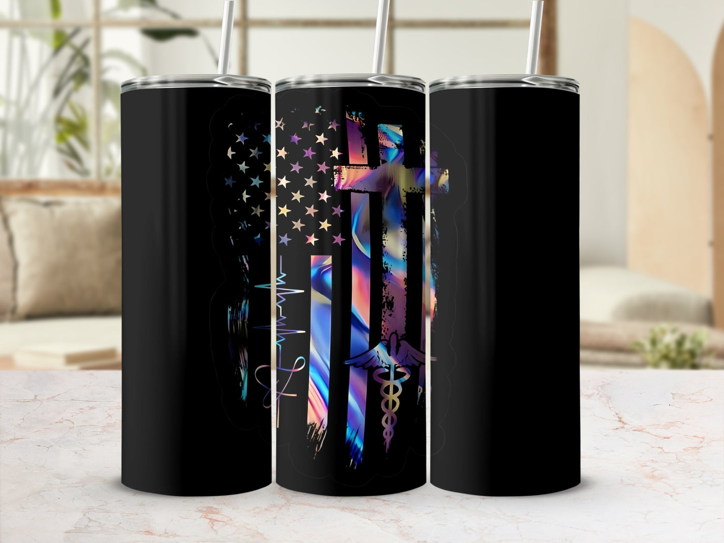 Stylish Black Tumblers with Colorful Cross Design