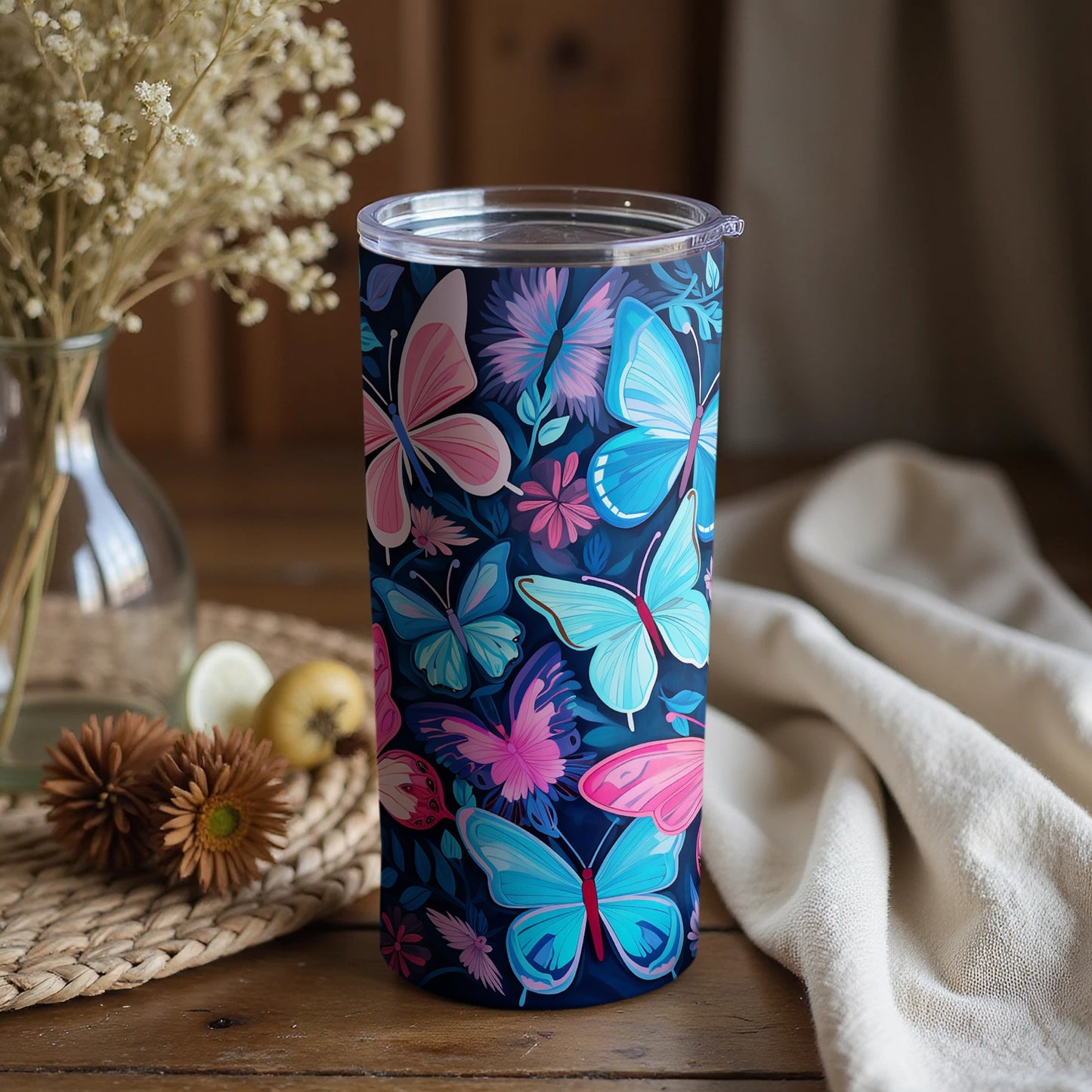 Vibrant Butterfly and Flower Design Tumbler Cup